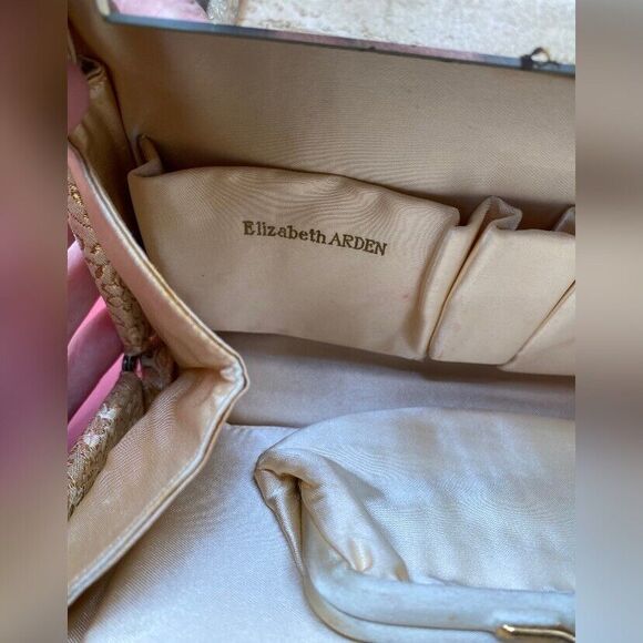 Vintage Elizabeth Arden Gold Tapestry Purse Clutch Change Lipstick Mirror Formal